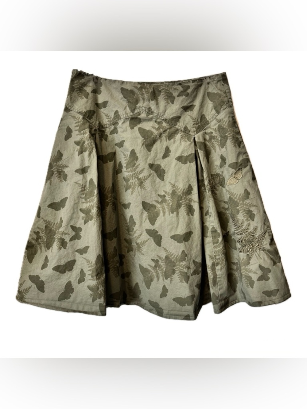 Boxfresh Butterfly Print Skirt Green A-Line Pleated Cotton Mini Size M
